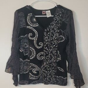 Vintage Forbidden Beaded Black V-Neck Sheer Sleeved Top Size Lg Y2K Whimsigoth